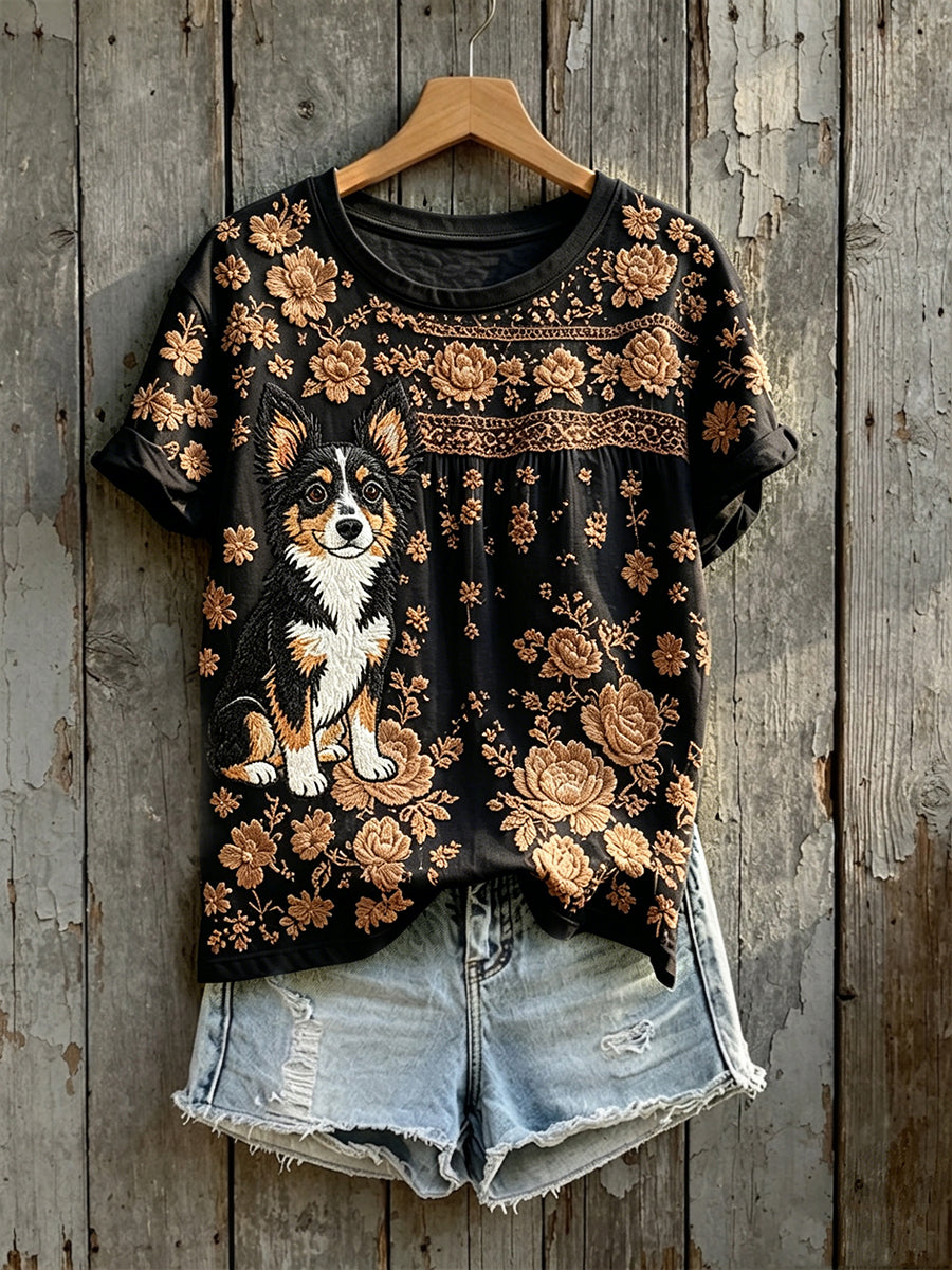 Women's Cute Chihuahua Art Floral Print Short-sleeved T-shirt
