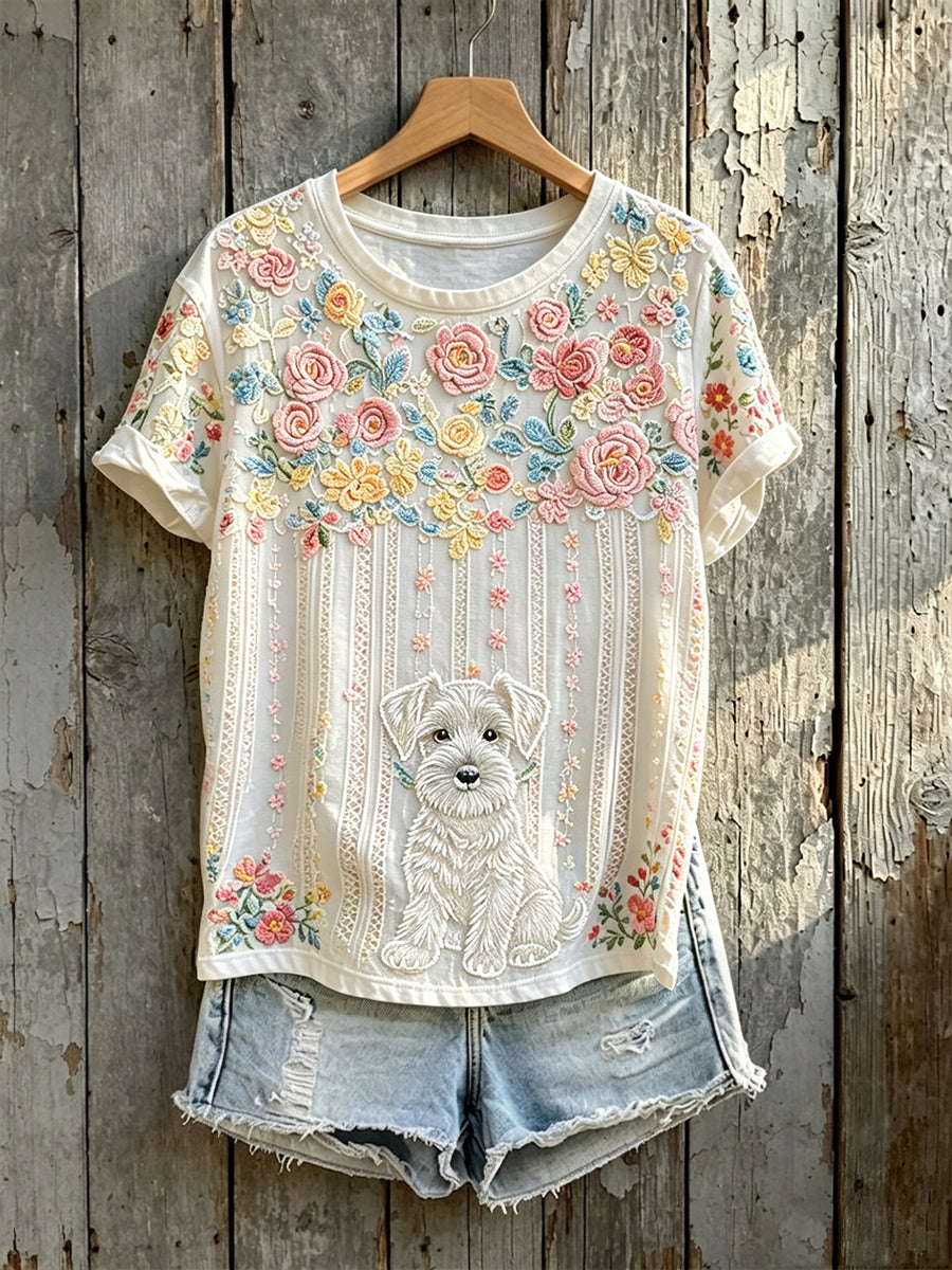 Women's Colorful Floral Art Cute Dog Print Short-sleeved T-shirt