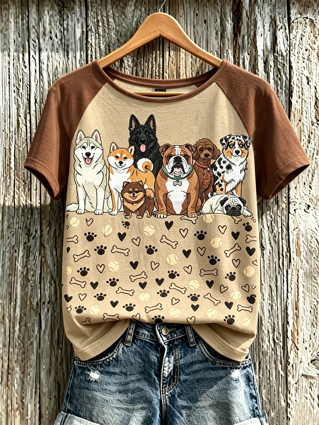 Women's cut dog pattern printed round neck short sleeve T-shirt