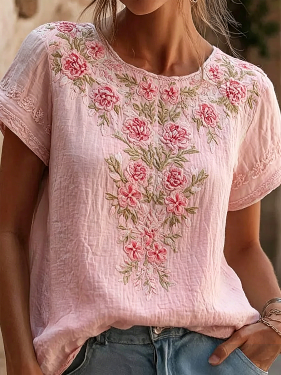 Women's Breast Cancer Pink Flowers Print Casual T-Shirt