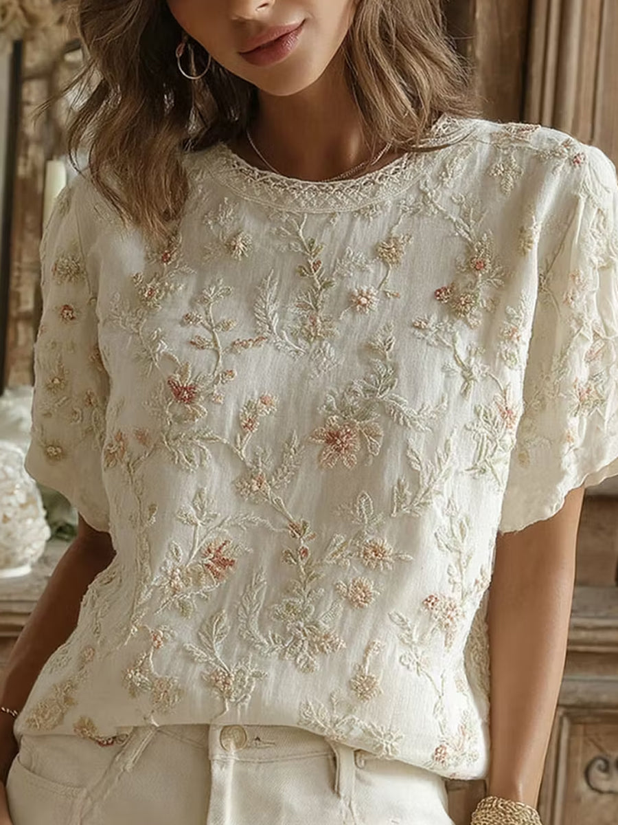 Women's Retro Floral Art Print Casual Cotton Linen Top
