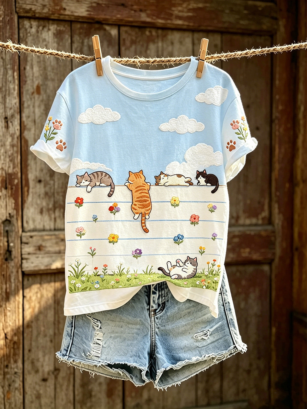Women's cut cat pattern printed short-sleeved T-shirt
