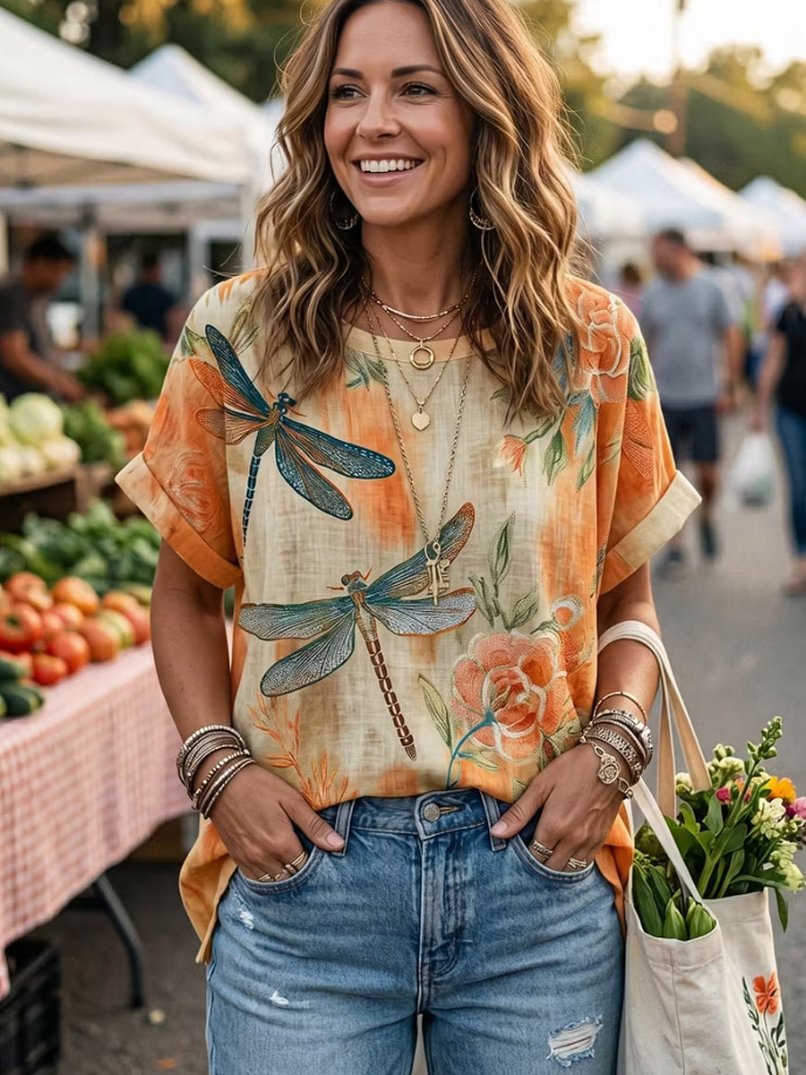 Women's Retro Floral Art Print Casual Cotton Linen Top