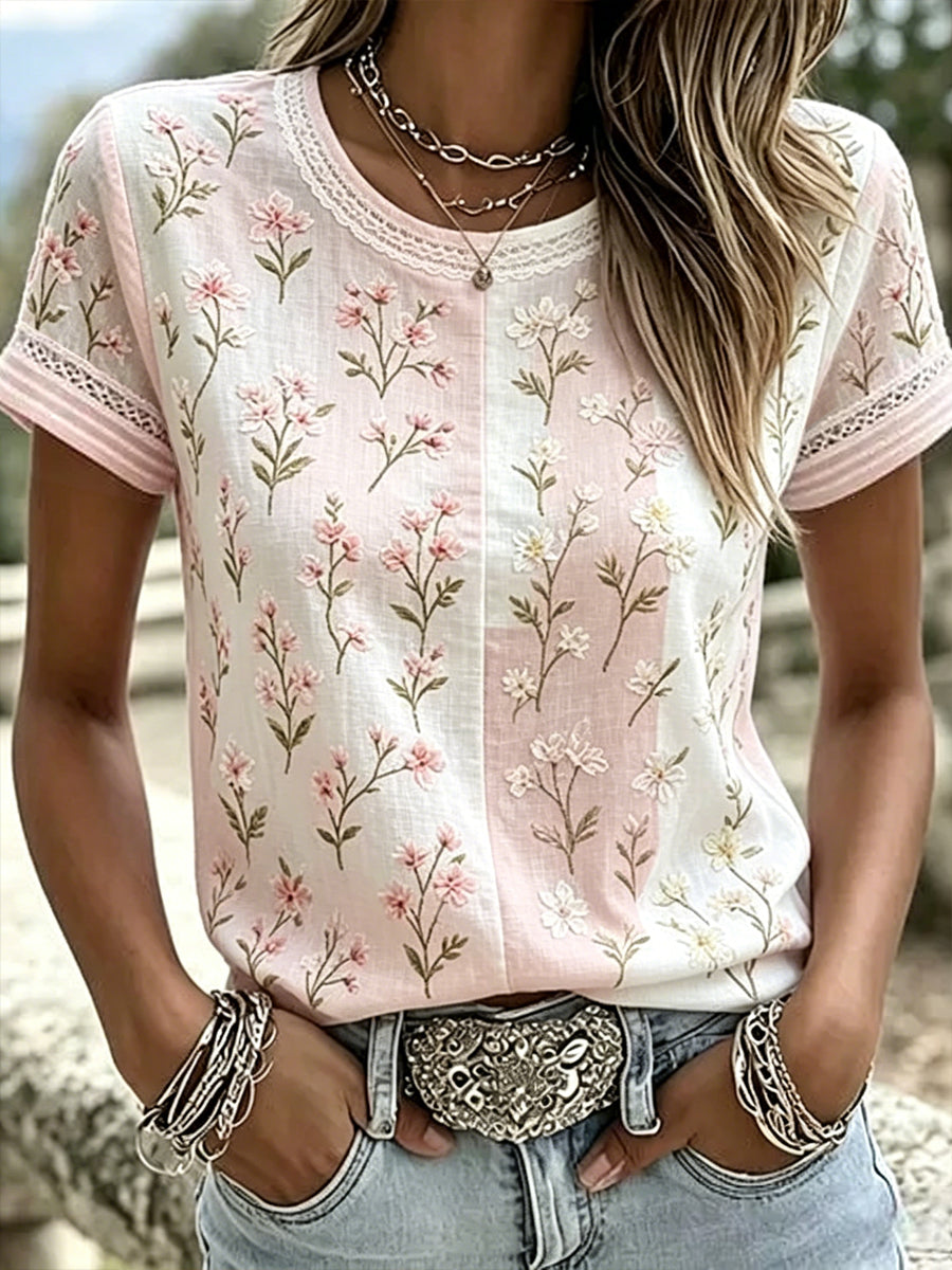 Women's Breast Cancer Pink Flowers Print Casual T-Shirt
