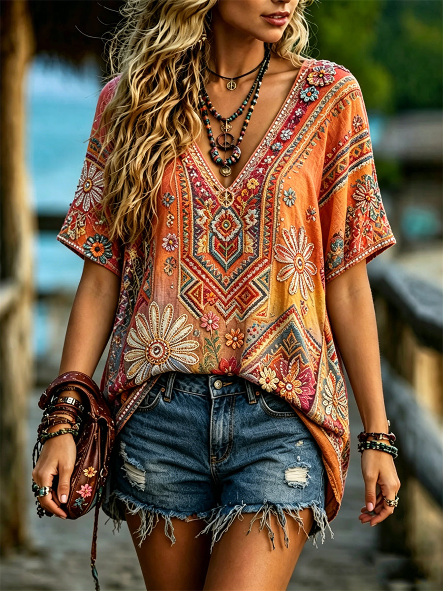Women's Hippie Boho Flowers Art Print linen short-sleeved T-shirt