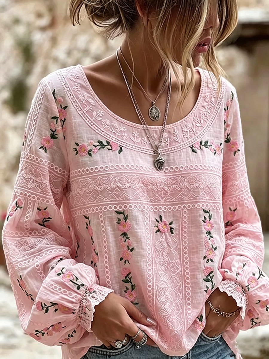 Women's Breast Cancer Pink Flowers Print Cotton-Linen Shirt