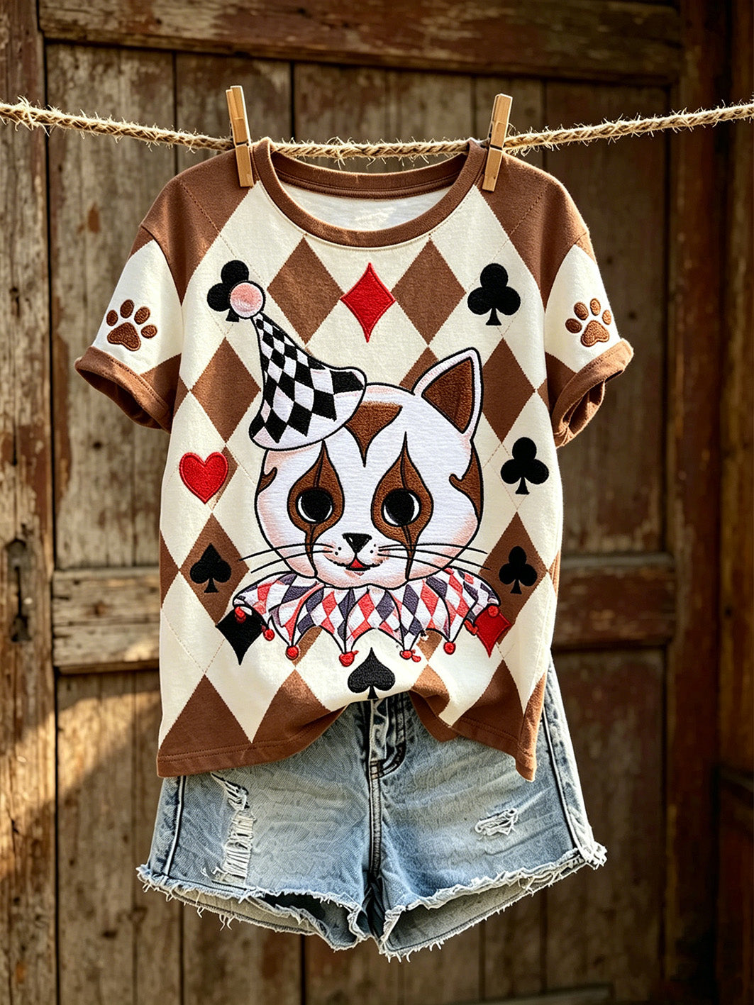 Women's Poker Cat Pattern Casual Washed T-shirt