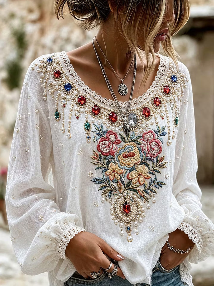 Women's Retro Floral Art Print Casual Cotton Linen Top