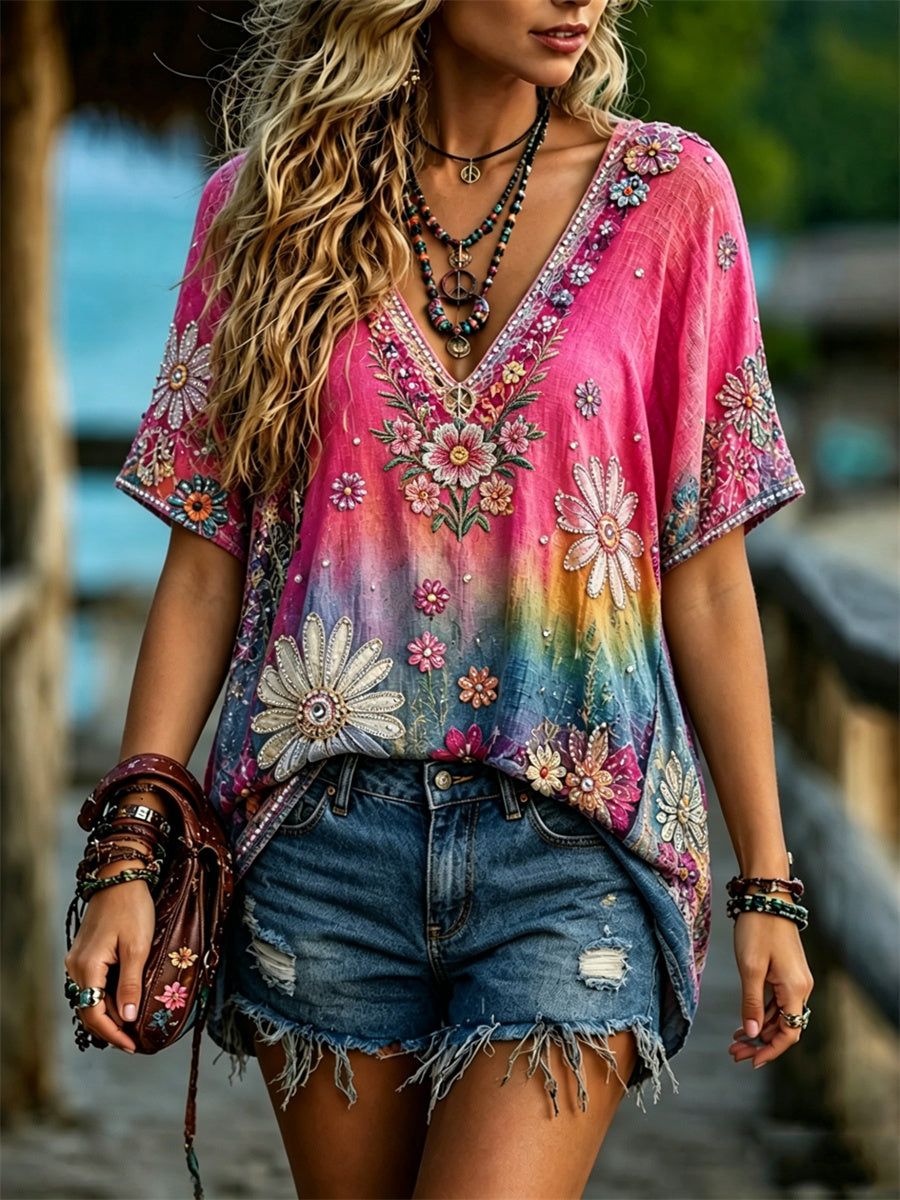 Women's Hippie Flowers Gradient Color Print linen short-sleeved T-shirt