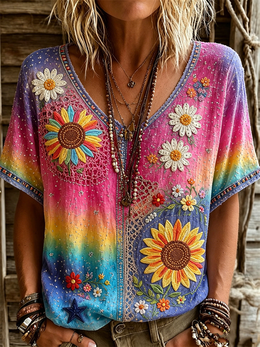 Women's Hippie Flowers Boho Floral Gradient Color Print linen short-sleeved T-shirt