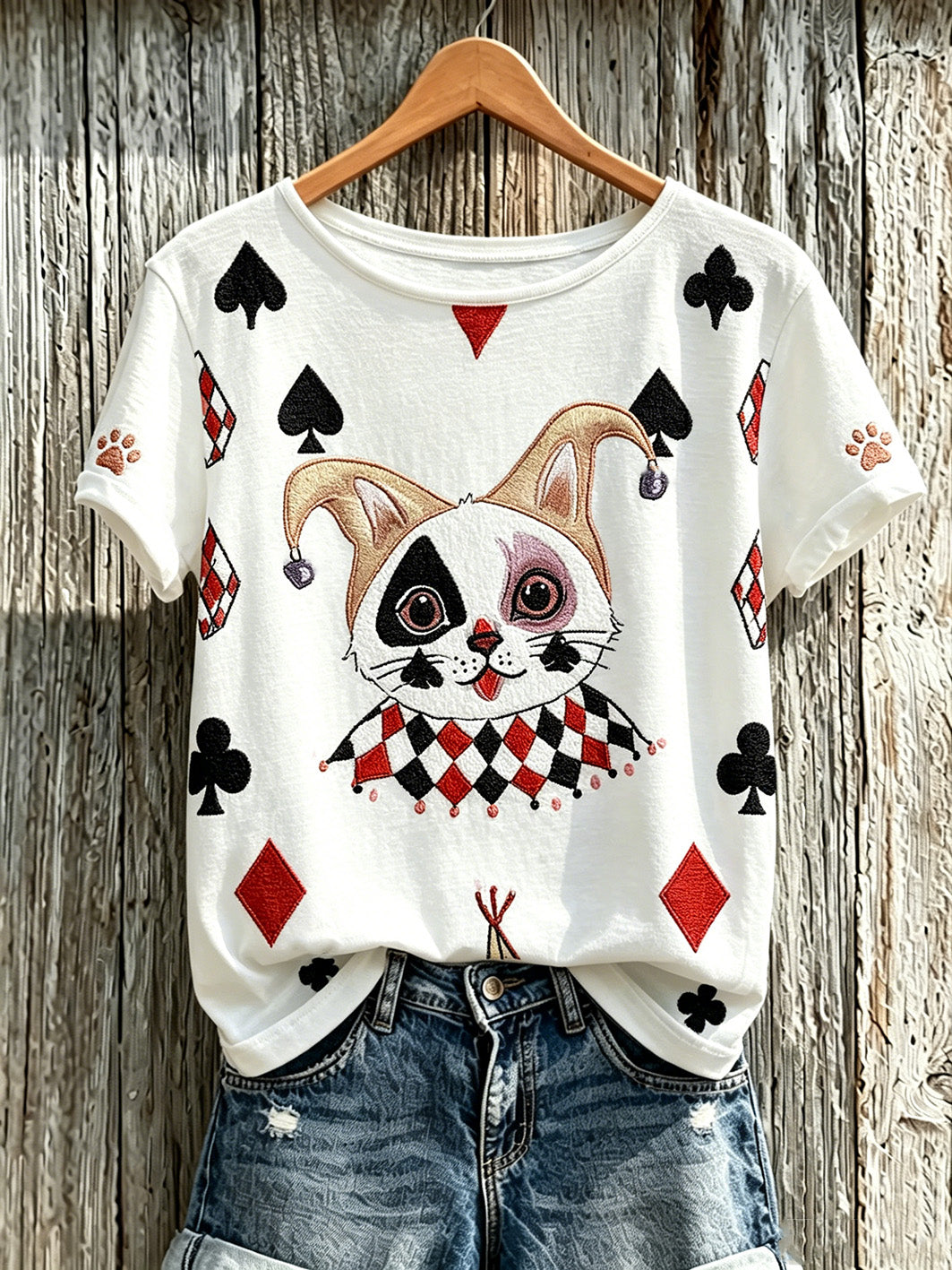 Women's Poker Cat Pattern Casual Washed T-shirt