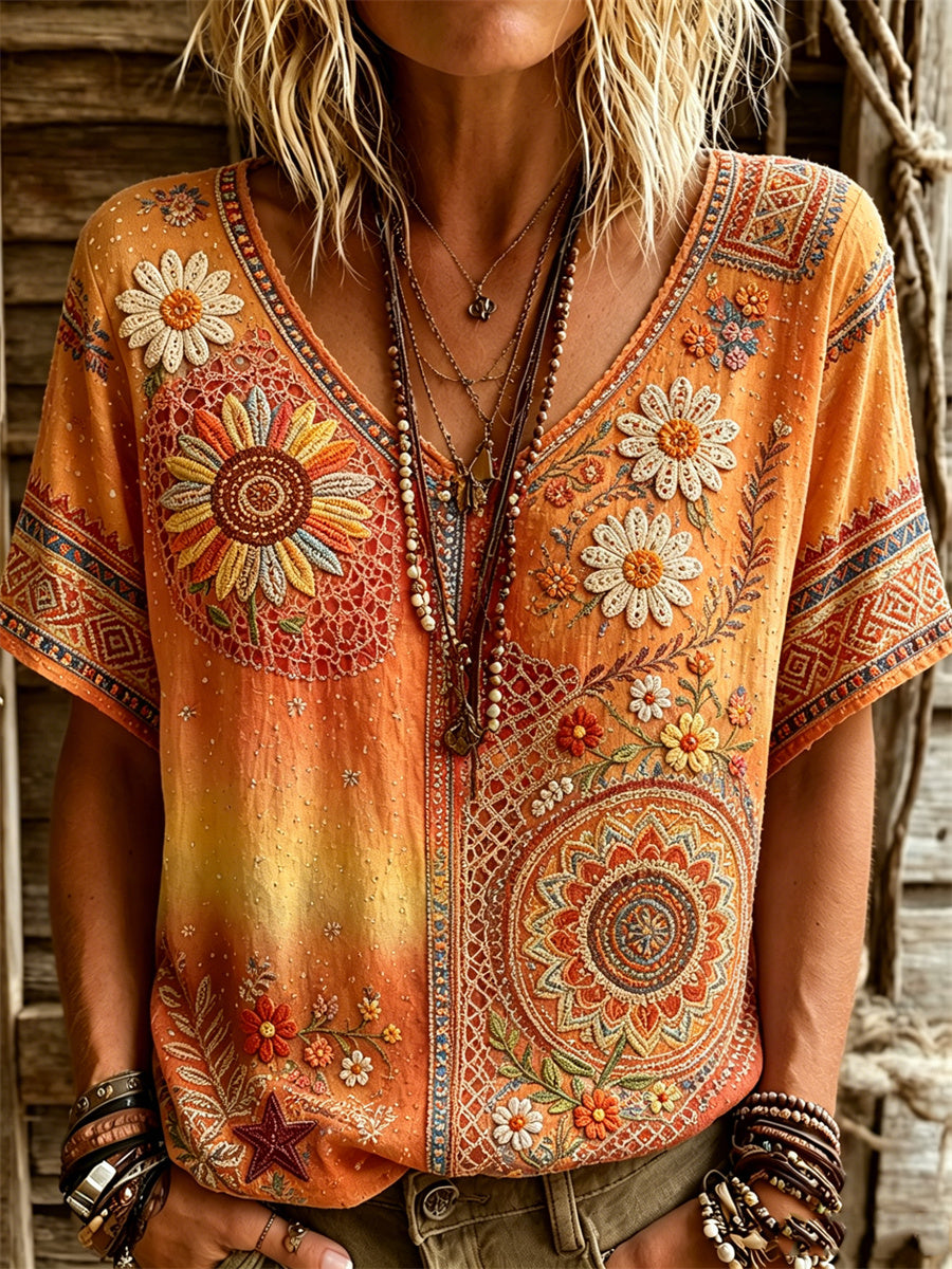 Women's Hippie Flowers Boho Floral Gradient Color Print linen short-sleeved T-shirt