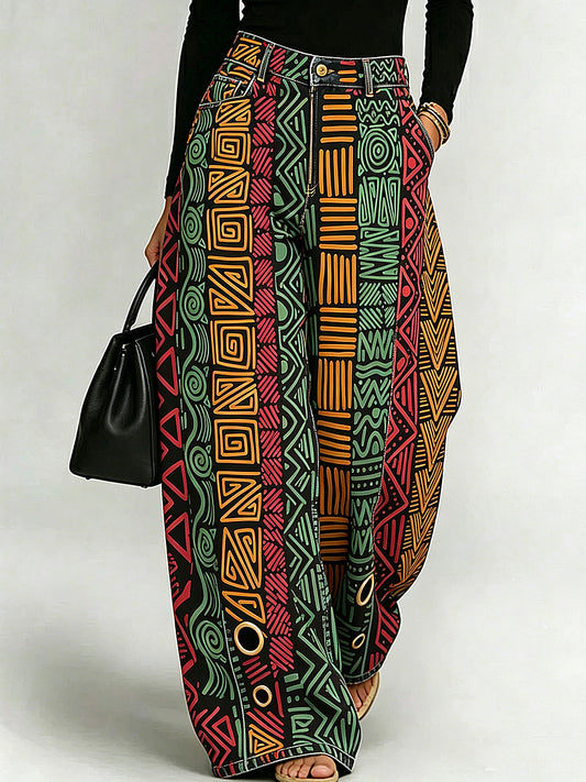 Women's Business Style Art Print Wide-Leg Trousers
