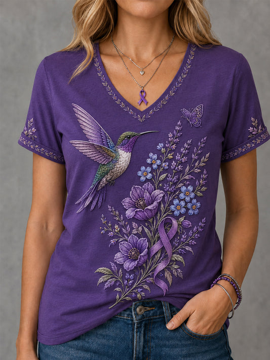 Women's Purple Floral & Hummingbird Print Alzheimer's Awareness Support V-Neck Tee