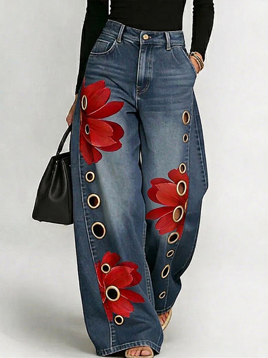 Women's Business Style Art Print Wide-Leg Trousers