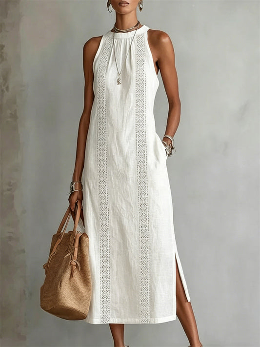 Women's Classy Simple Side Slit Sleeveless Linen Maxi Dress