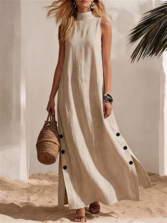 Women's Casual Mock Neck Button Down Side Slit Linen Maxi Dress