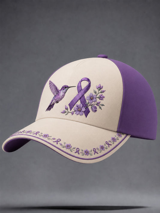 Unisex Purple Floral & Hummingbird Print Alzheimer's Awareness Support Hat