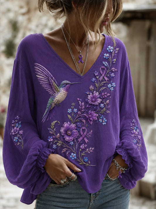 Women's Purple Floral & Hummingbird Print Alzheimer's Awareness Support V-Neck  Top