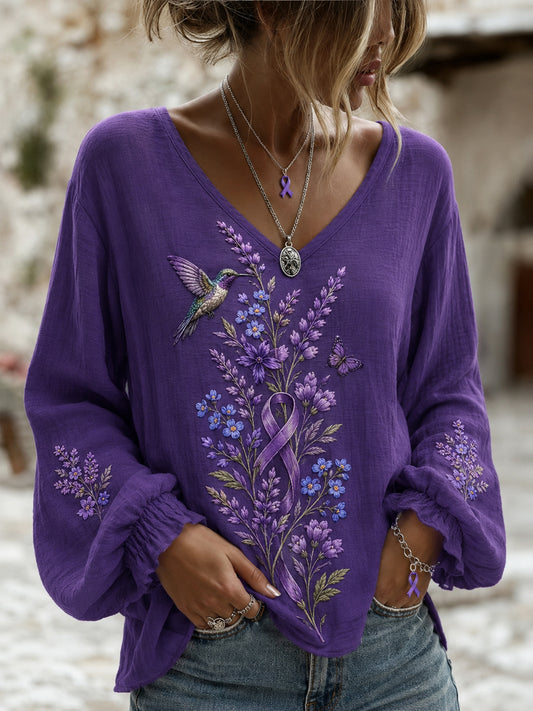 Women's Purple Floral & Hummingbird Print Alzheimer's Awareness Support V-Neck  Top