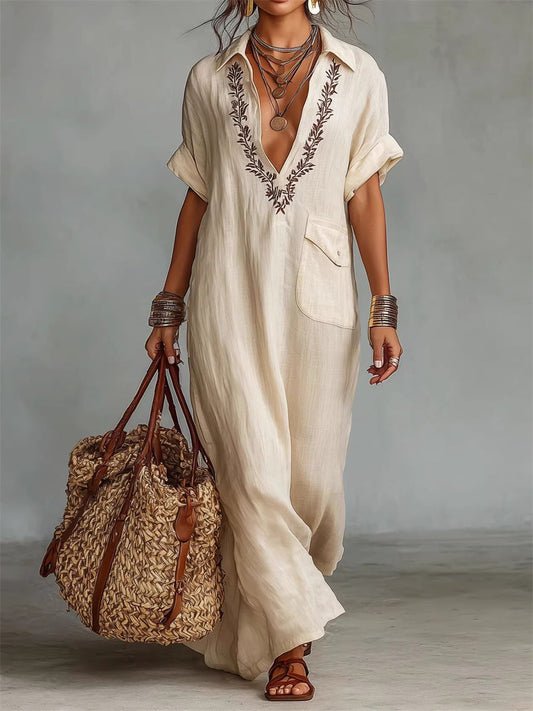 Women's Vintage Embroidered Flap Pocket Short Sleeve Linen Maxi Dress