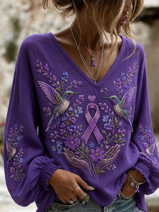 Women's Purple Floral & Hummingbird Print Alzheimer's Awareness Support V-Neck  Top
