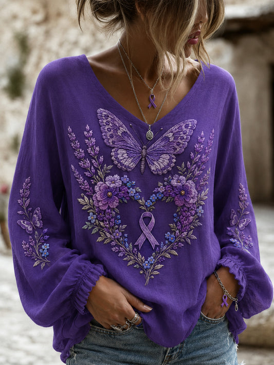 Women's Purple Floral & Hummingbird Print Alzheimer's Awareness Support V-Neck Top