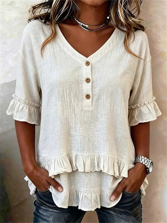 Women's Layered Ruffle Trim Button Up V Neck short-sleeved T-shirt