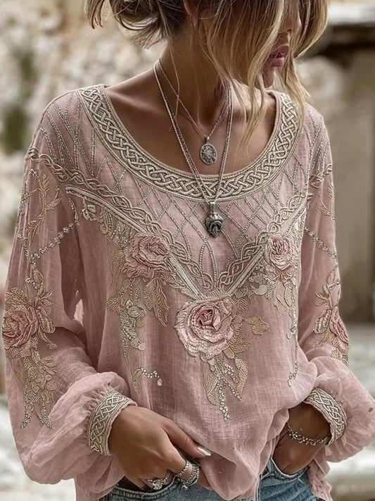 Women's Retro Floral Print Art Print Casual Top