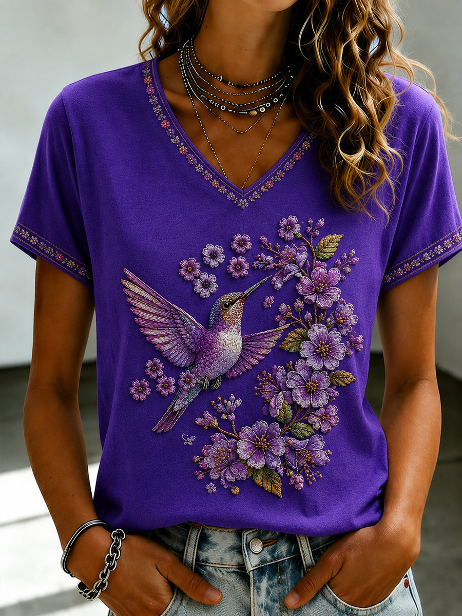 Women's Purple Flora Art Printed V-neck T-shirt
