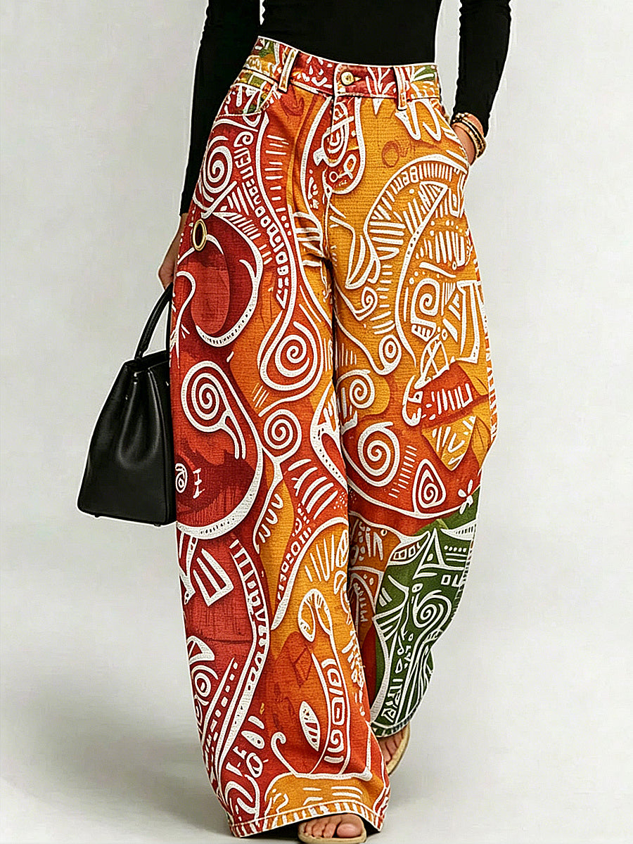 Women's Business Style Art Print Wide-Leg Trousers
