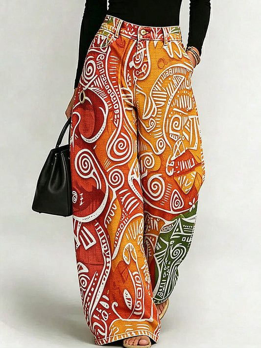 Women's Business Style Art Print Wide-Leg Trousers