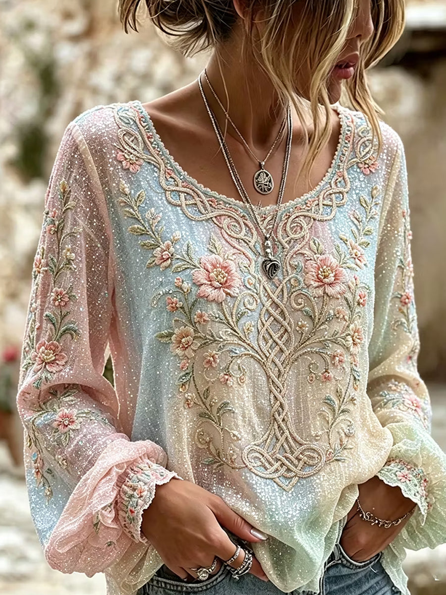 Women's Retro Floral Print Art Print Casual Top