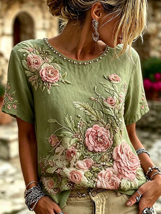 Women's Retro Floral Print Art Print Casual T-Shirt