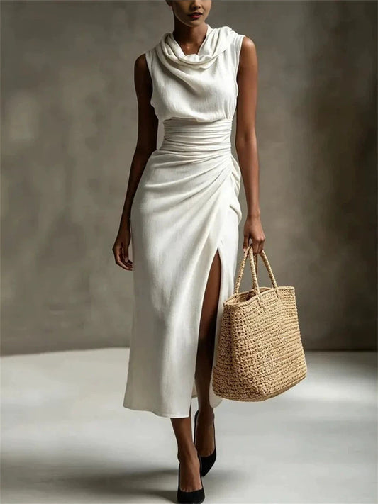 Women's Classy Cowl Neck Side Slit Maxi Linen Dress