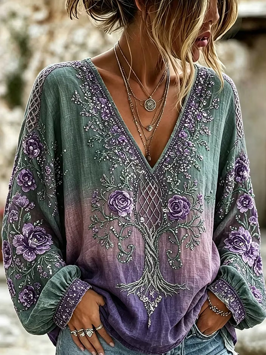 Women's Retro Floral Print Art Print Casual Top