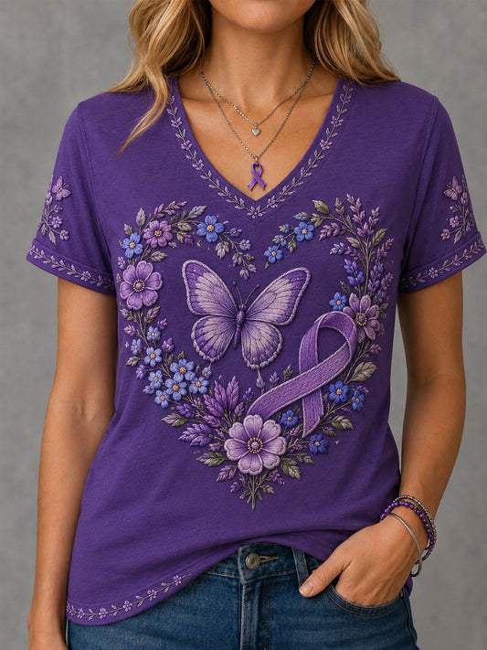 Women's Purple Floral & Butterfly Print Alzheimer's Awareness Support V-Neck Tee