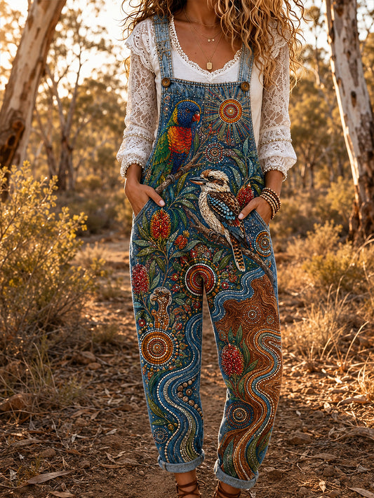 Women's Retro Australian Ethnic Style Art Print Casual Overalls