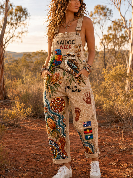 Women's Retro Australian Ethnic Style Art Print Casual Overalls