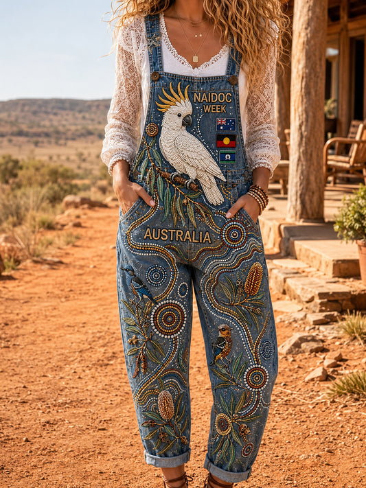 Women's Retro Australian Ethnic Style Art Print Casual Overalls