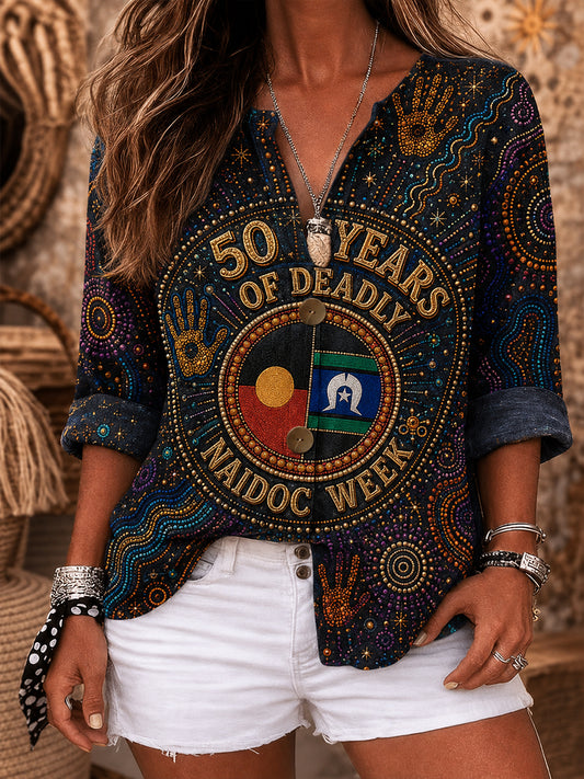 Women's Australia Naidoc Week Print V-Neck Casual Cotton and Linen Shirt Top
