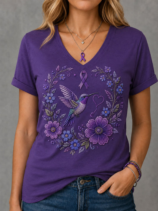 Women's Purple Floral & Hummingbird Print Alzheimer's Awareness Support V-Neck Tee