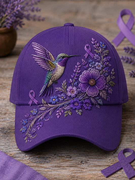 Unisex Purple Floral & Hummingbird Print Alzheimer's Awareness Support Hat