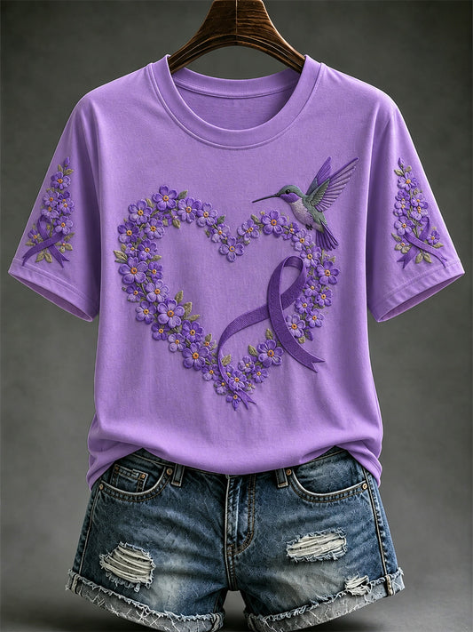 Women's Purple Floral & Hummingbird Print Alzheimer's Awareness Support Tee