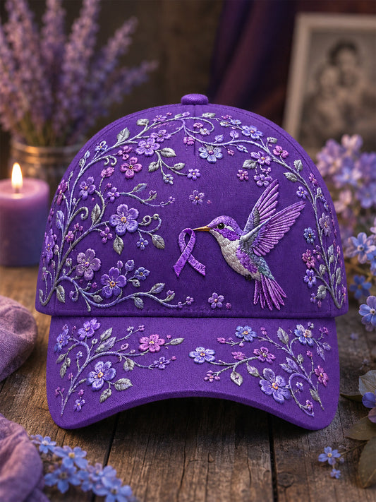 Unisex Purple Floral & Hummingbird Print Alzheimer's Awareness Support Hat