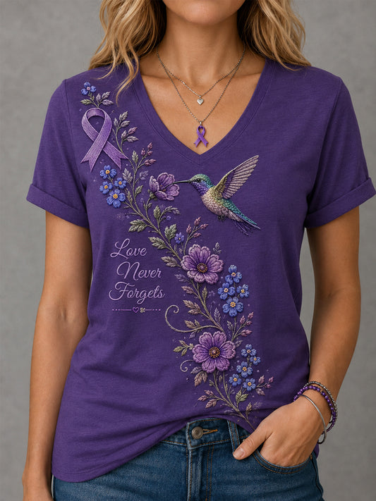 Women's Purple Floral & Hummingbird Print Alzheimer's Awareness Support V-Neck Tee
