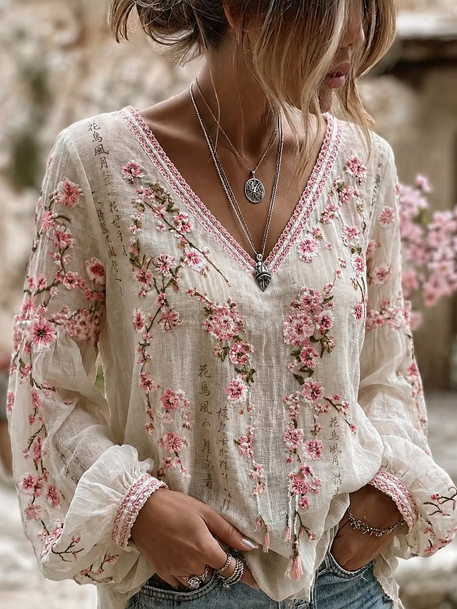 Women's Retro Floral Art Print Casual Cotton Linen Top
