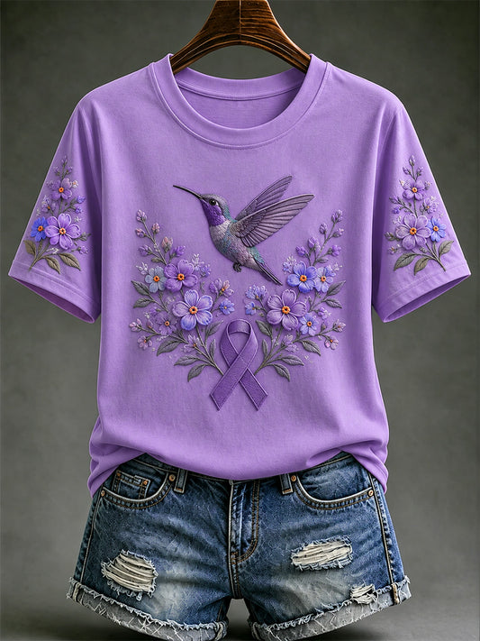 Women's Purple Floral & Hummingbird Print Alzheimer's Awareness Support Tee