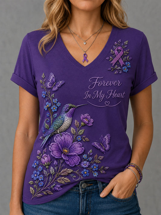 Women's Purple Floral & Hummingbird Print Alzheimer's Awareness Support V-Neck Tee