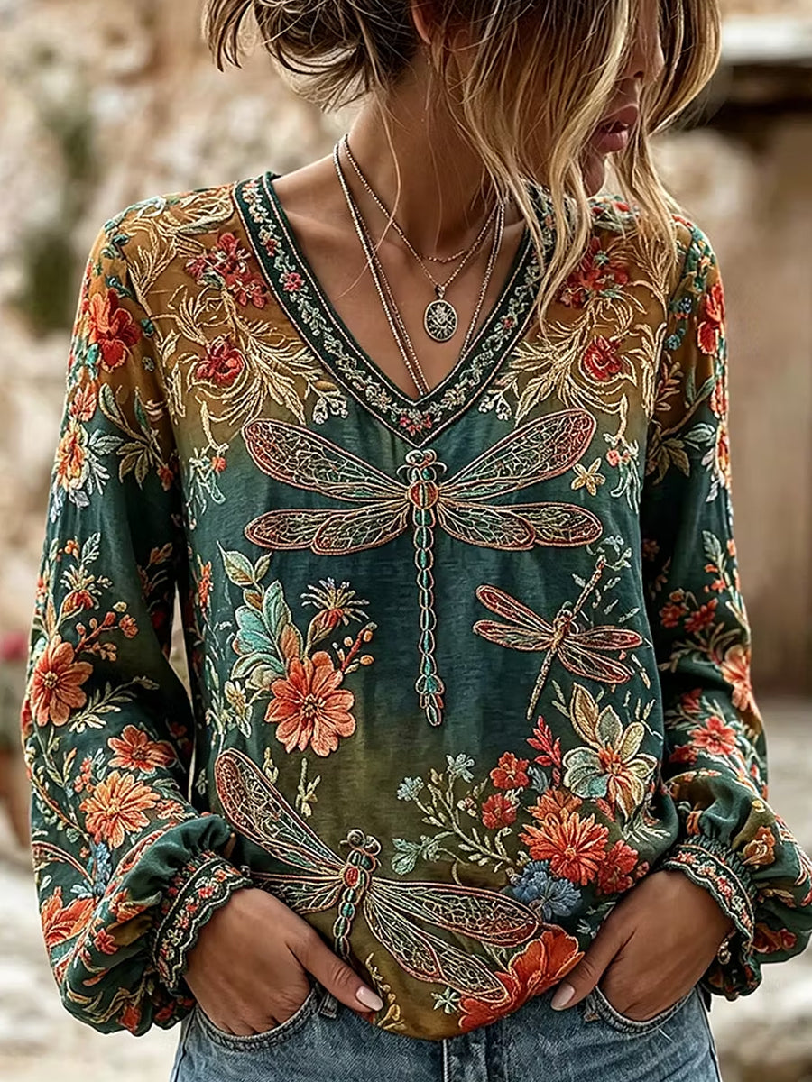 Women's Retro Floral Art Print Casual Cotton Linen Top